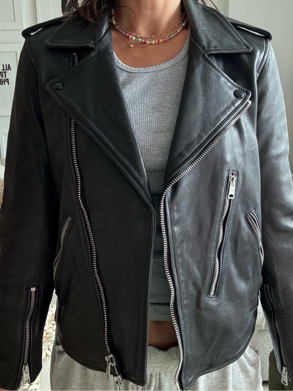 All Saints Black Leather Biker Jacket with Silver Zips